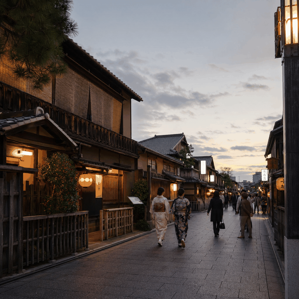Quiet public street view in Kyoto’s Gion district with traditional wooden buildings