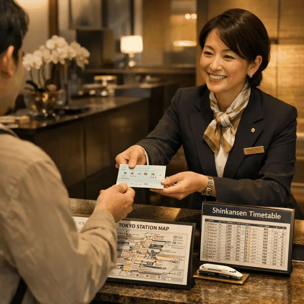 Exterior concourse of Tokyo Station with travelers and signs toward Shinkansen platforms