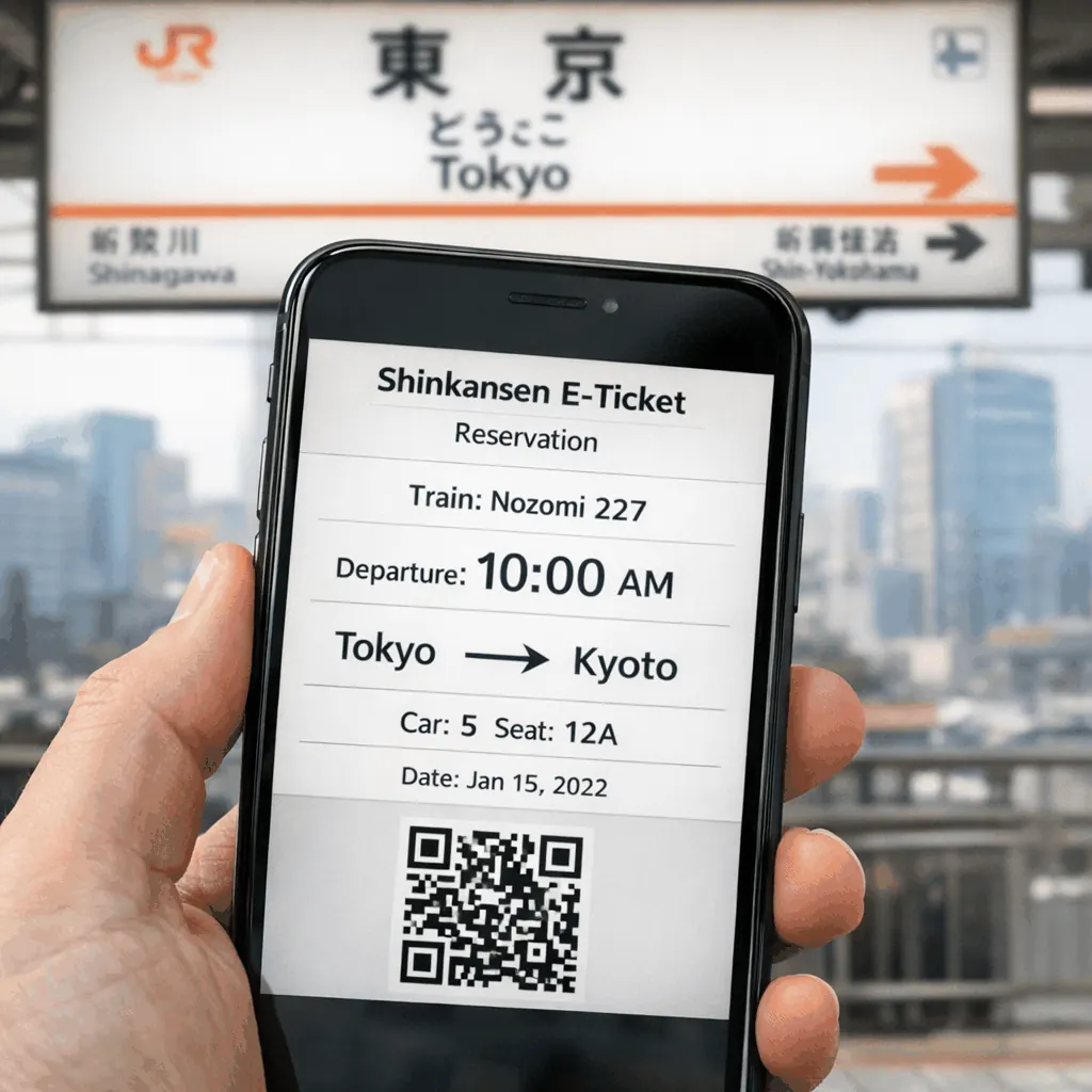 Hotel concierge desk handing a printed Shinkansen ticket and reservation receipt to a guest