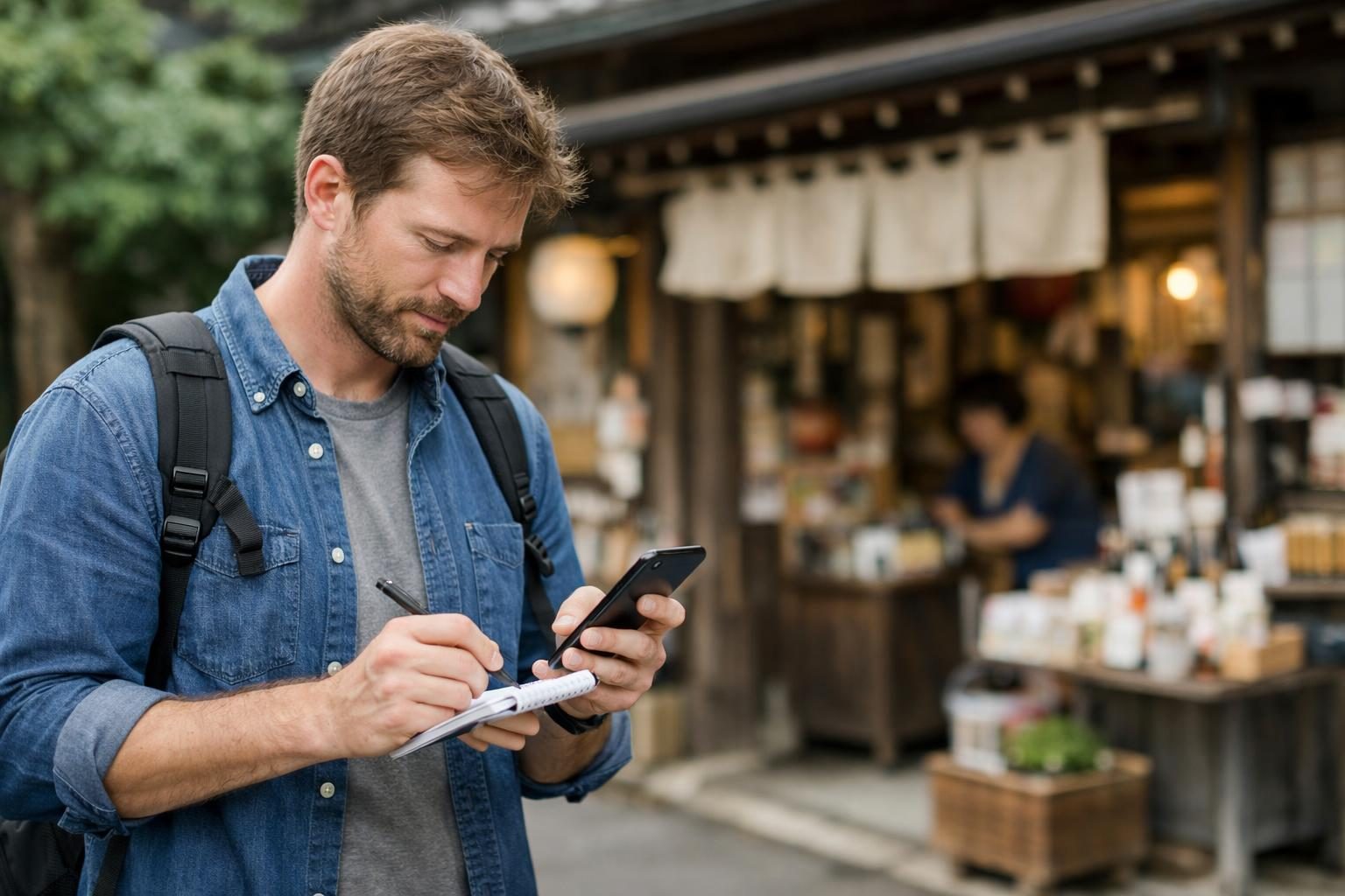 Traveler preparing details before contacting a Japanese business