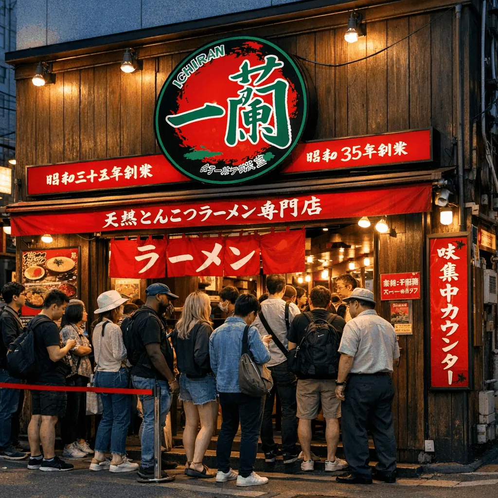 Queue forming outside an Ichiran branch in Tokyo near a train station