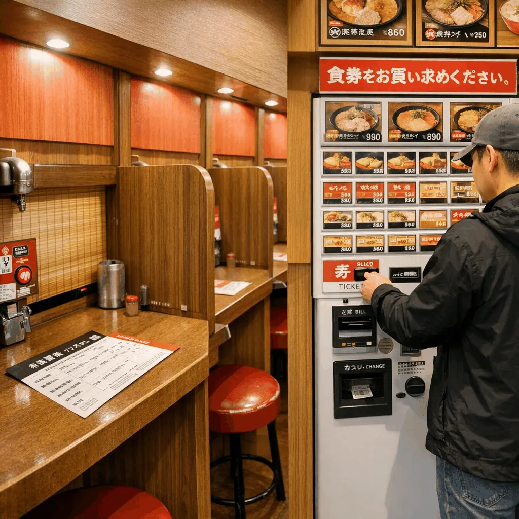Interior view of Ichiran individual ramen booths with order sheet and counter service