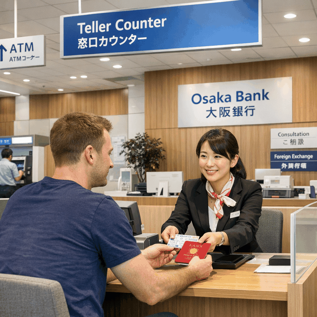 Exterior of a Japan Post Bank branch in Osaka with signage