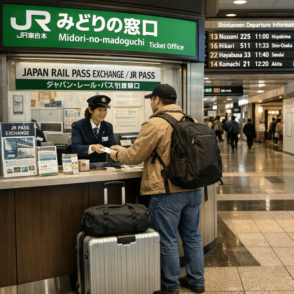 Traveler at a JR East exchange counter in Narita Airport preparing to activate a JR Pass