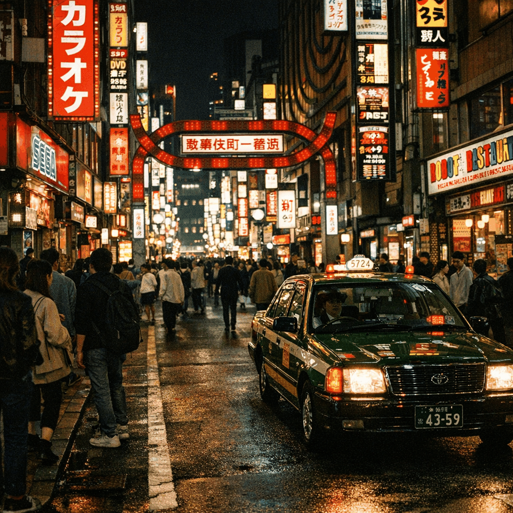 Night view of Kabukicho streets near Shinjuku with illuminated signs and pedestrians