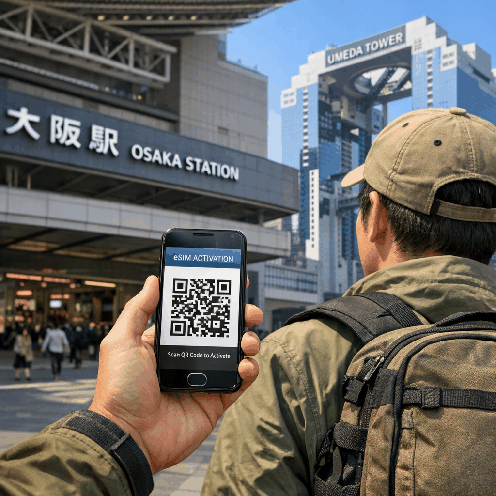 Traveler using a phone in Dotonbori, Osaka at night