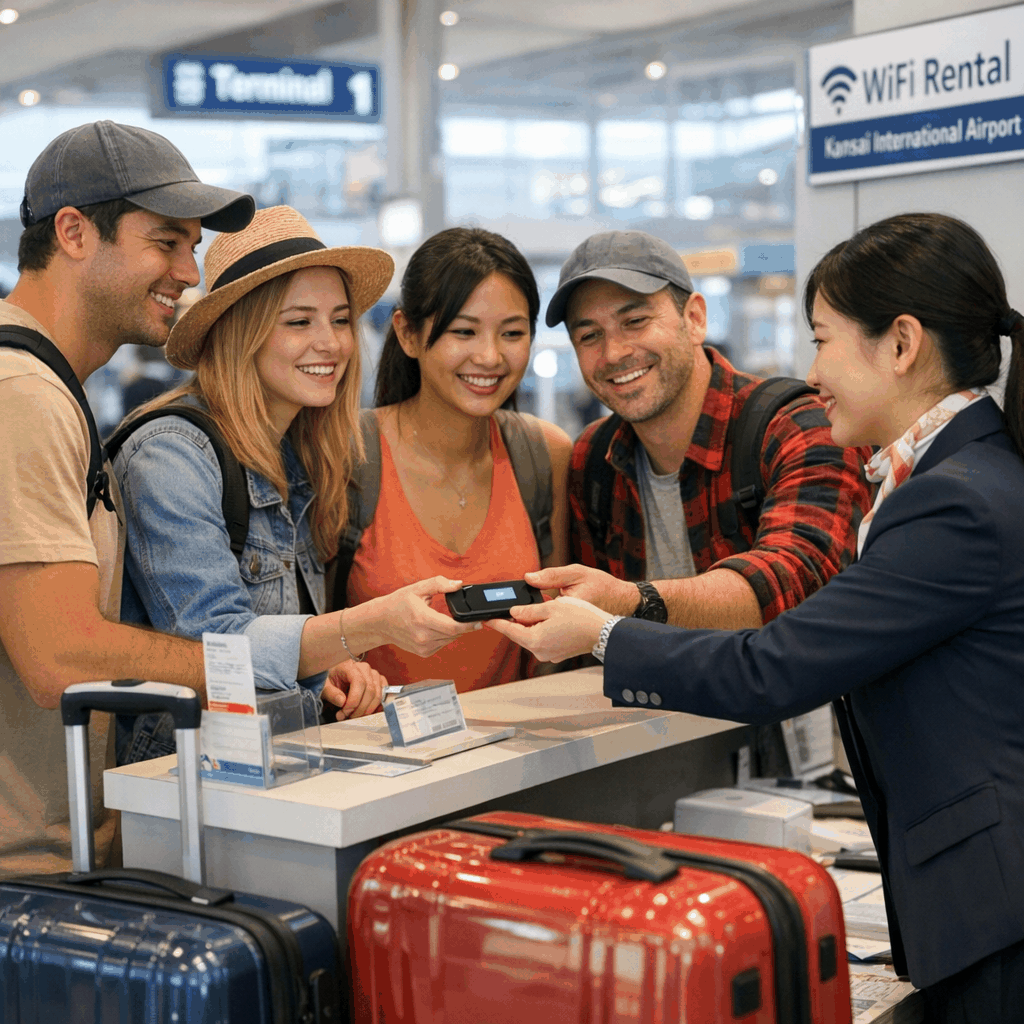 Pocket WiFi rental counter and pickup desk at Kansai International Airport arrival hall