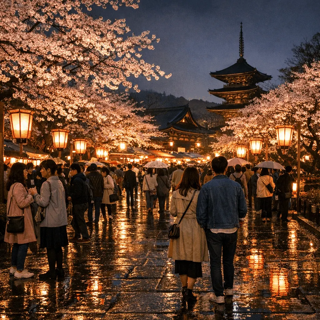 Illuminated cherry trees at Maruyama Park near Yasaka Shrine during night viewing