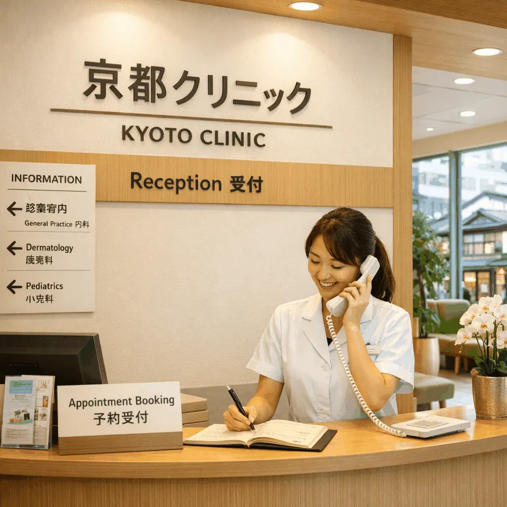 Exterior street view of a Kyoto clinic entrance with bilingual signage