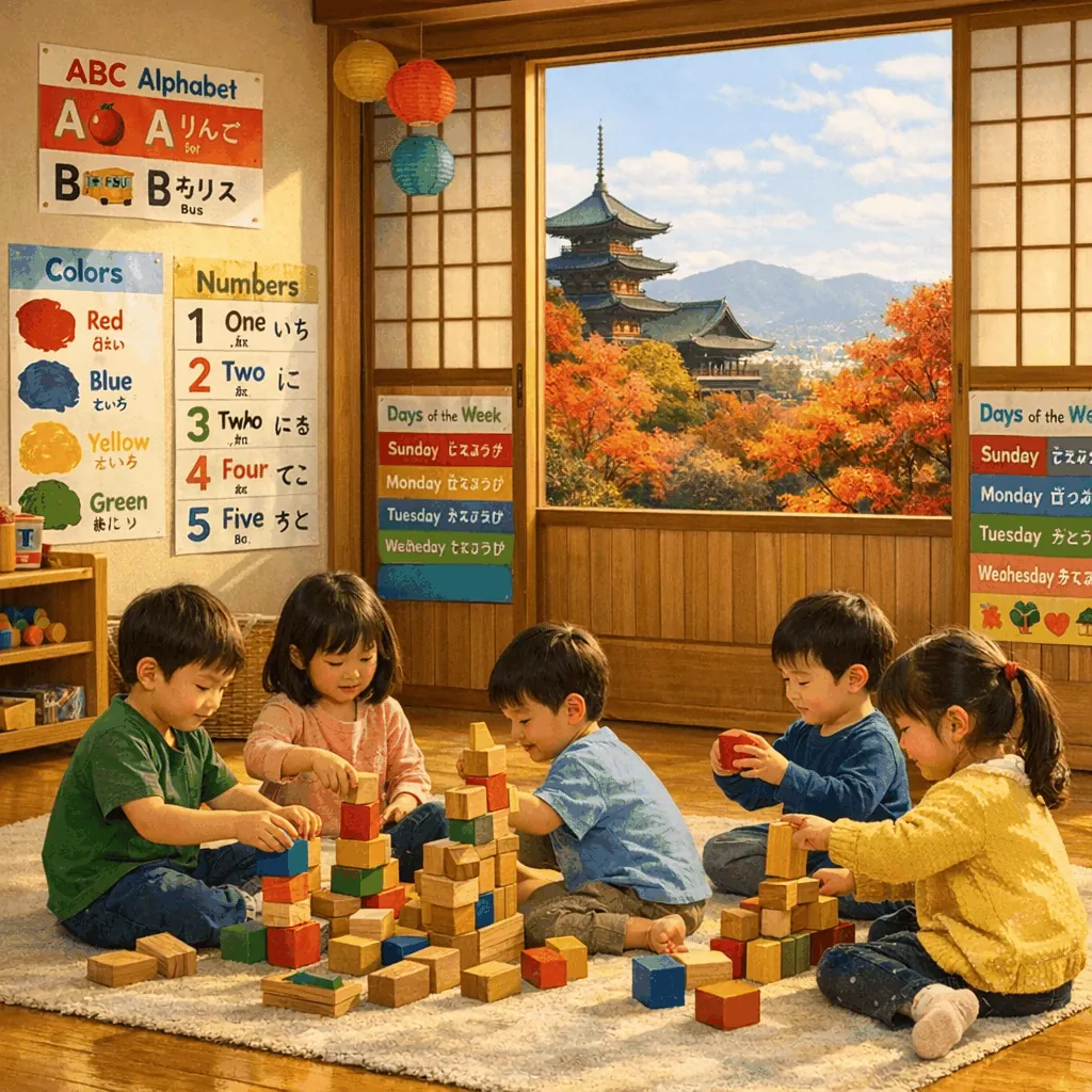 Exterior of a Kyoto preschool entrance with bilingual signage and parents arriving