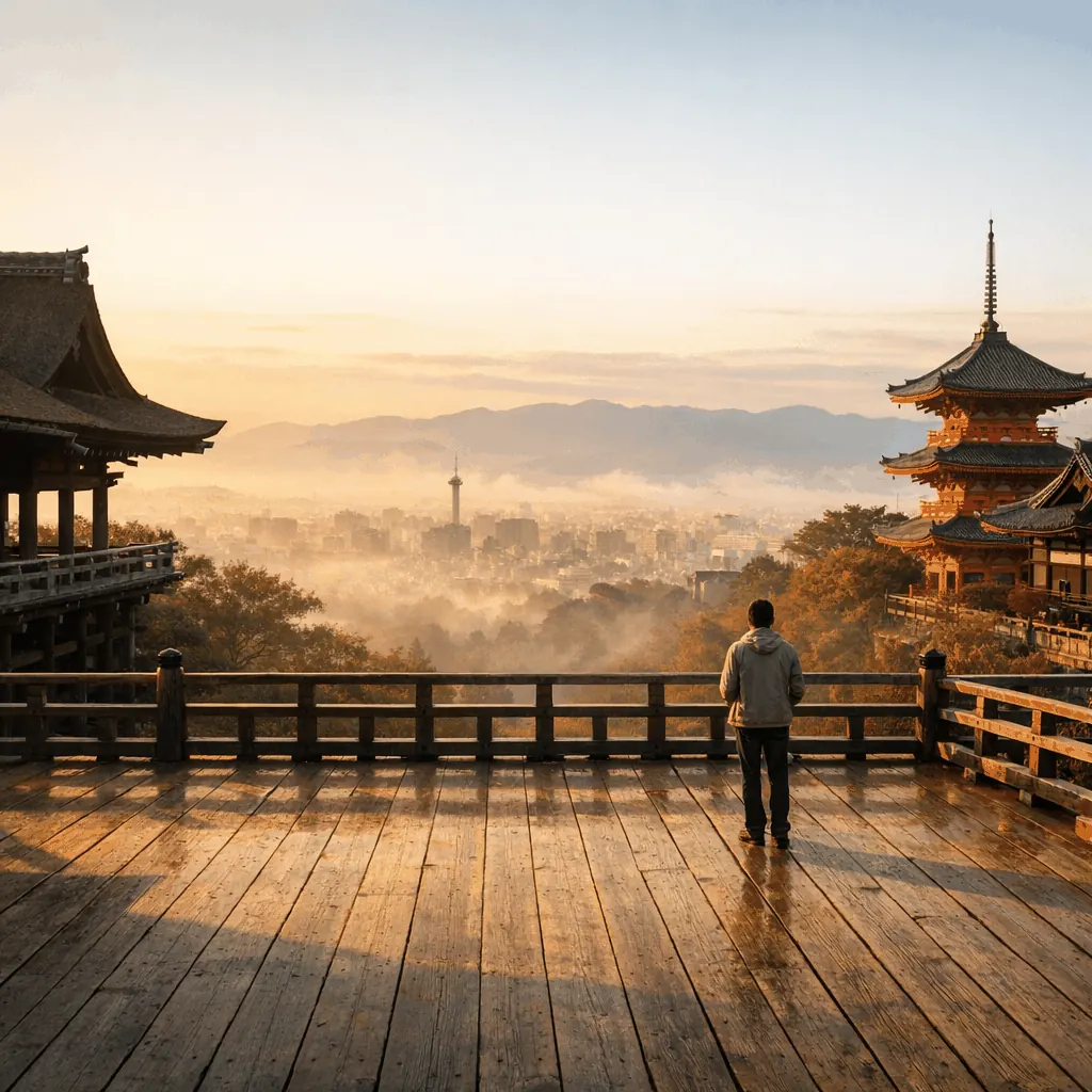 Early morning view of Kiyomizu-dera main hall and approach stairs with few visitors