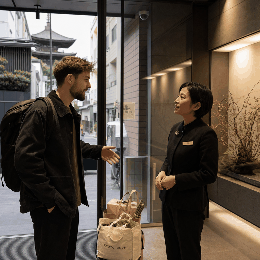 A Kyoto apartment concierge helping a resident understand grocery delivery rules and building