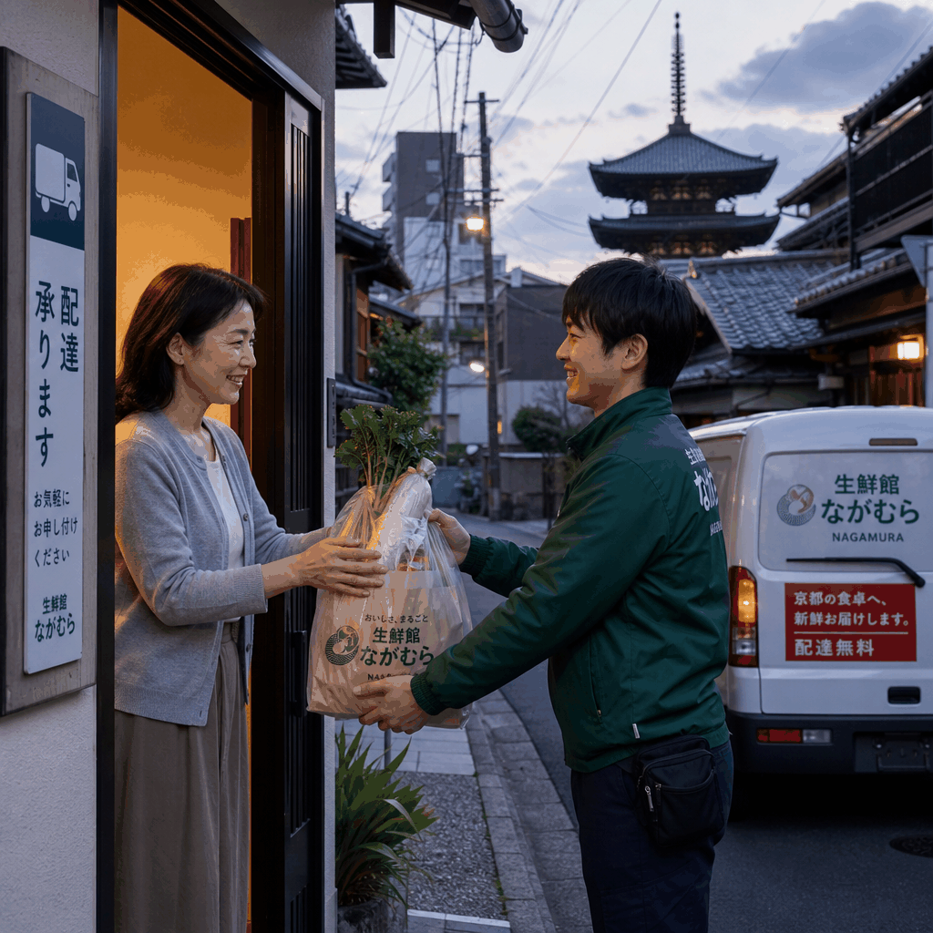 Online grocery delivery in Kyoto with supermarket bags and a residential reception desk.