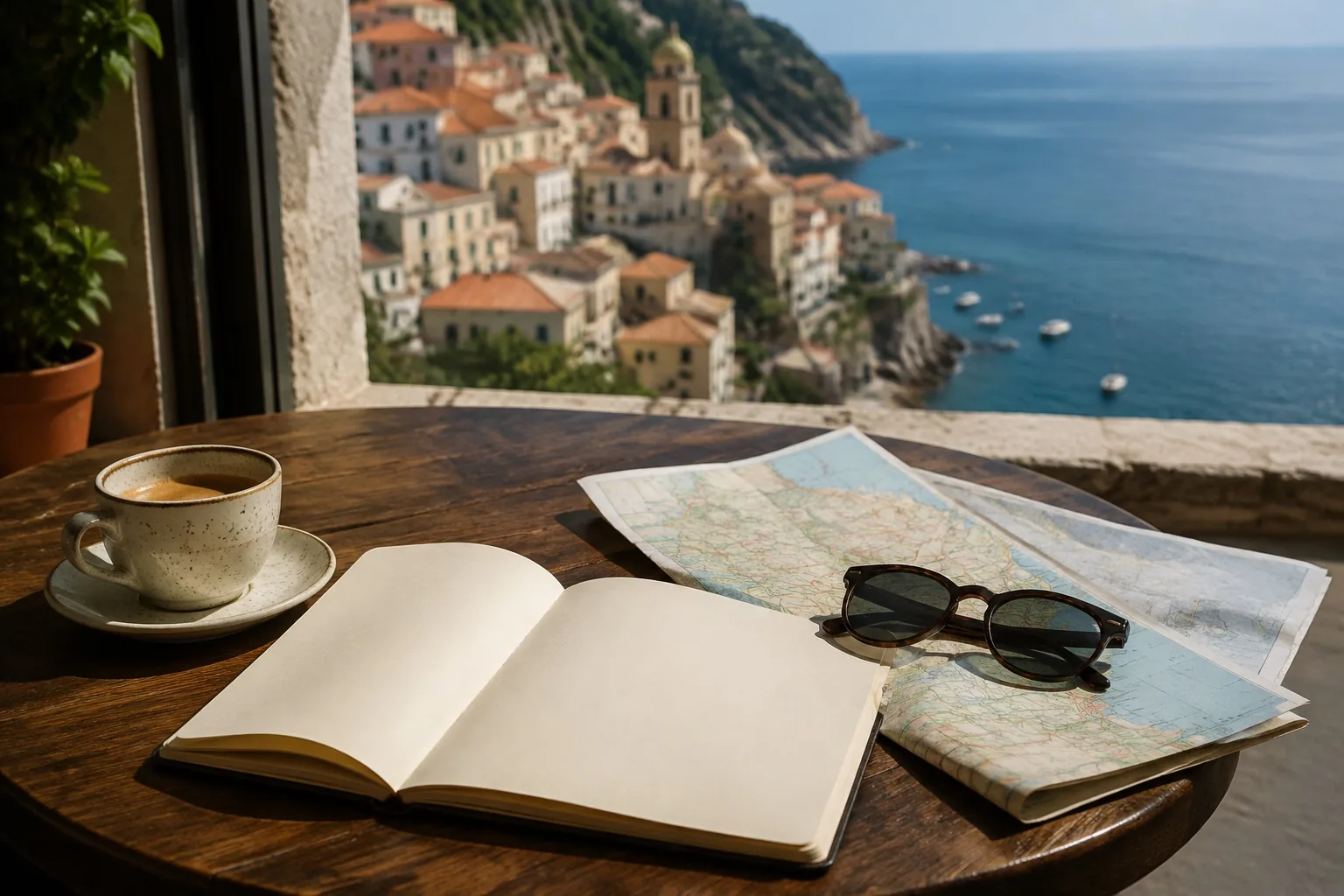 Notebook, map, sunglasses and coffee on a table overlooking a coastal town and the sea.