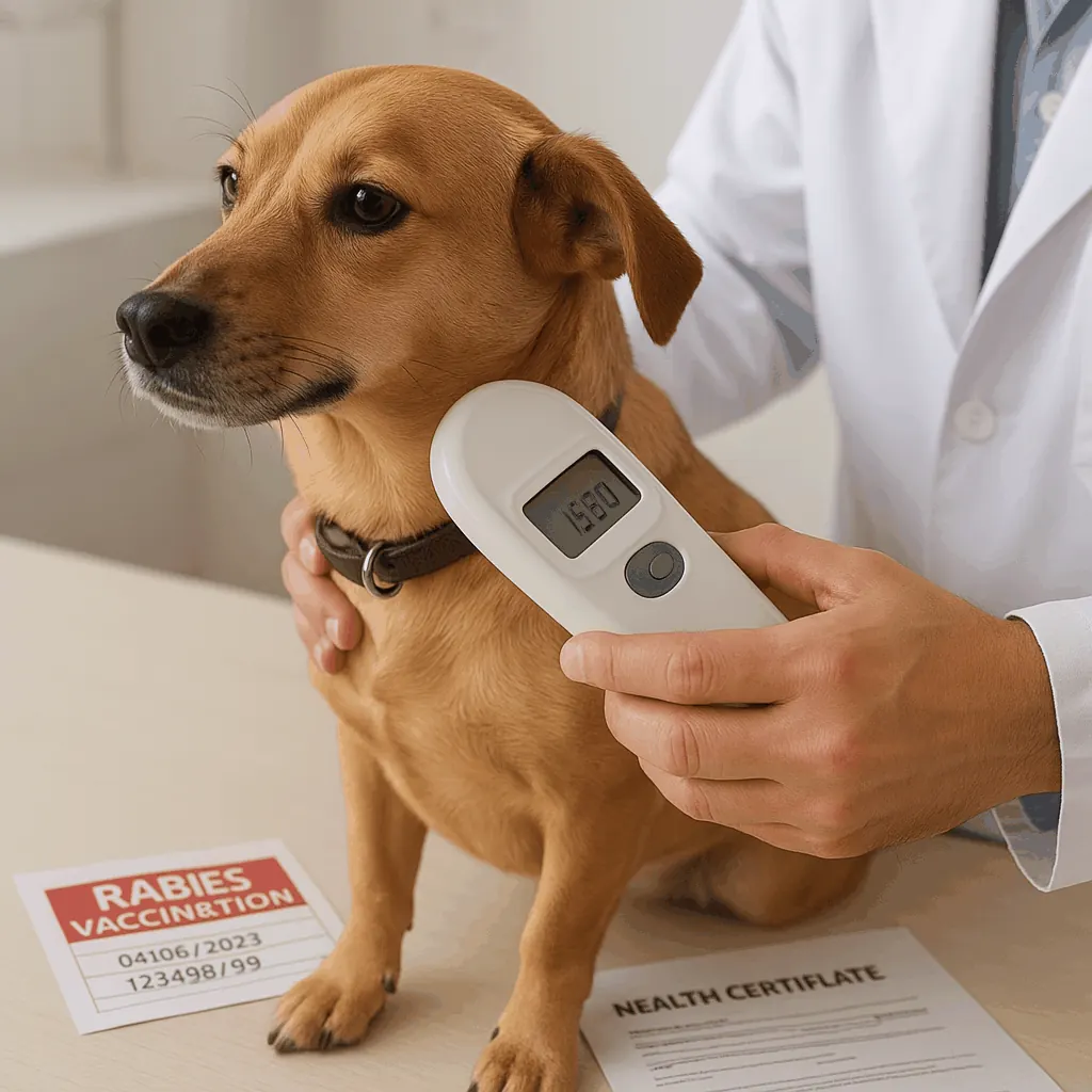 Veterinarian checking a microchip and recording pet identification