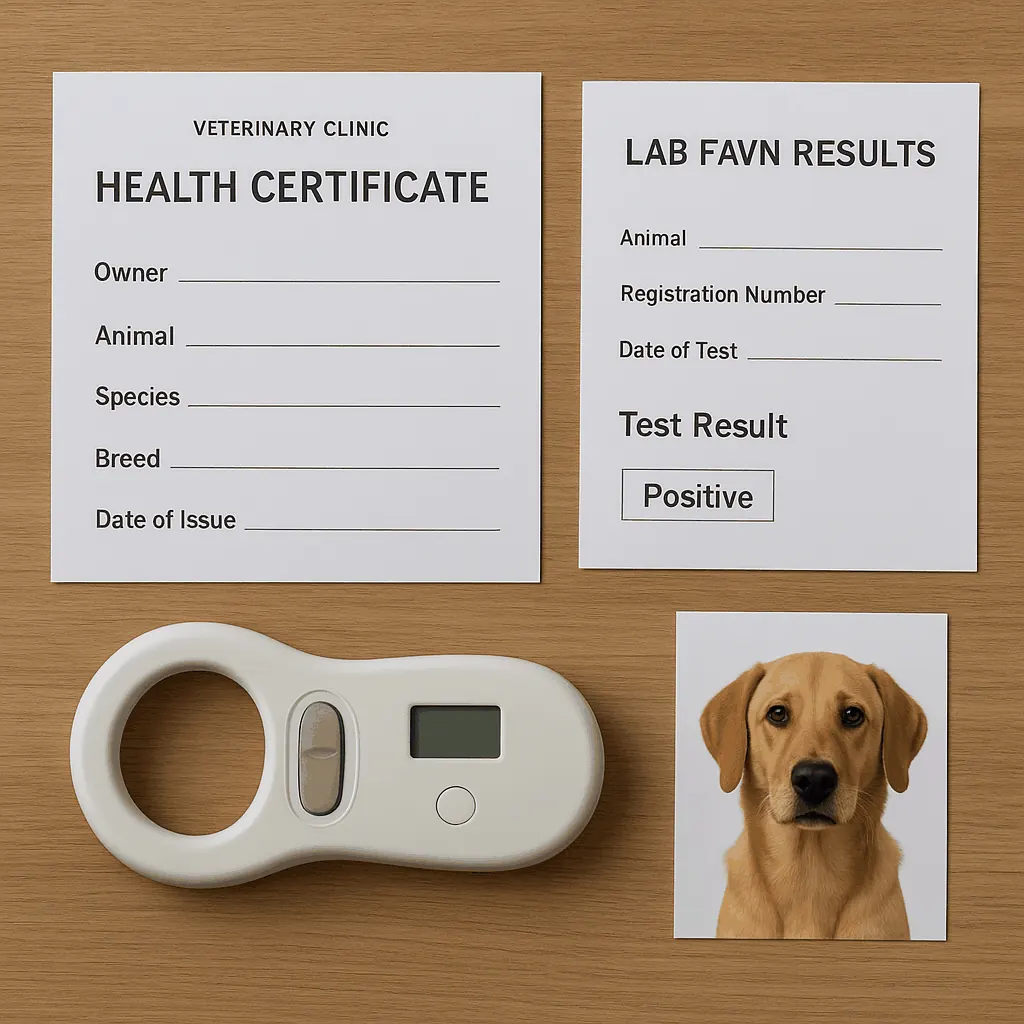 Owner preparing paperwork and health certificate before travel