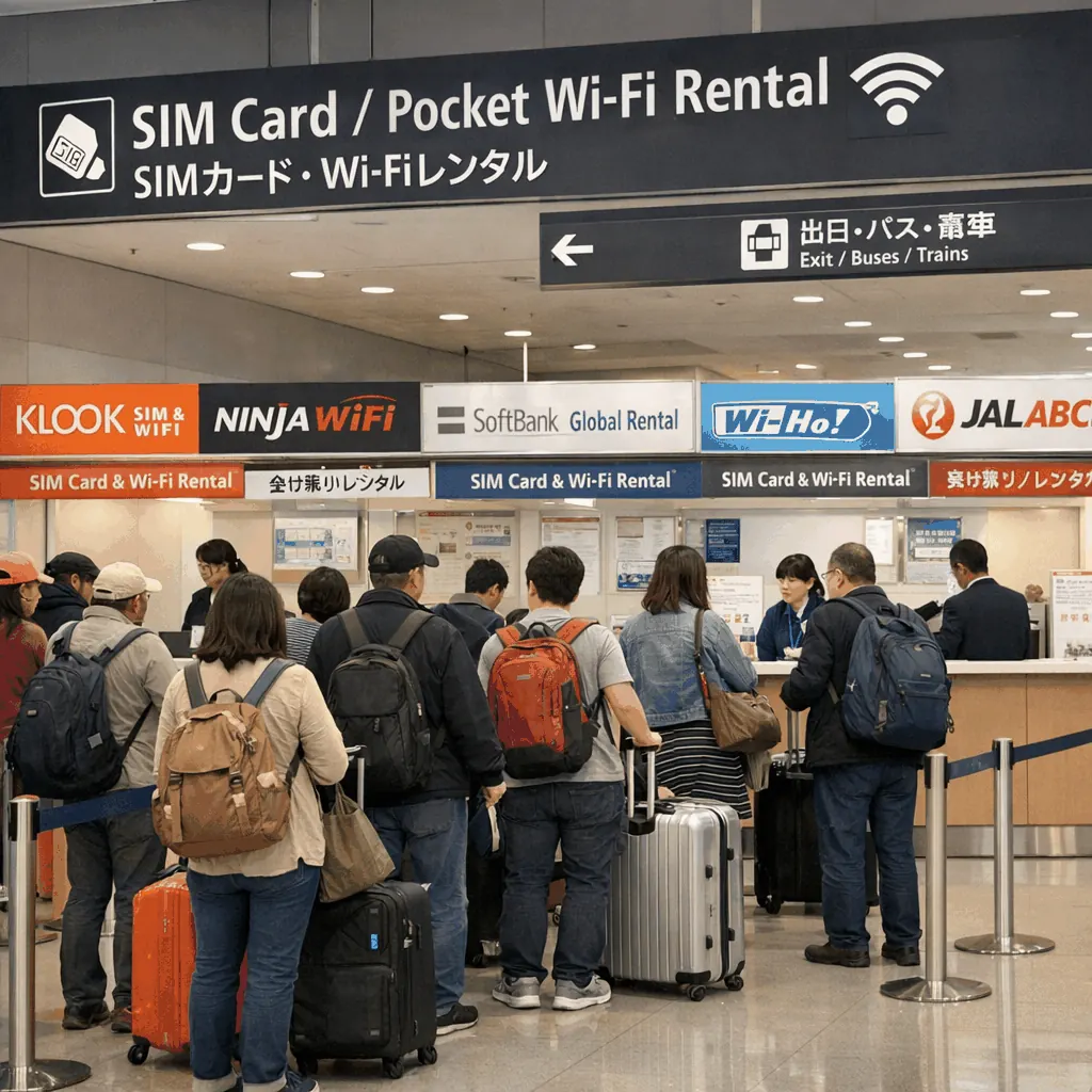 Kansai International Airport arrivals area with SIM and Wi-Fi counters