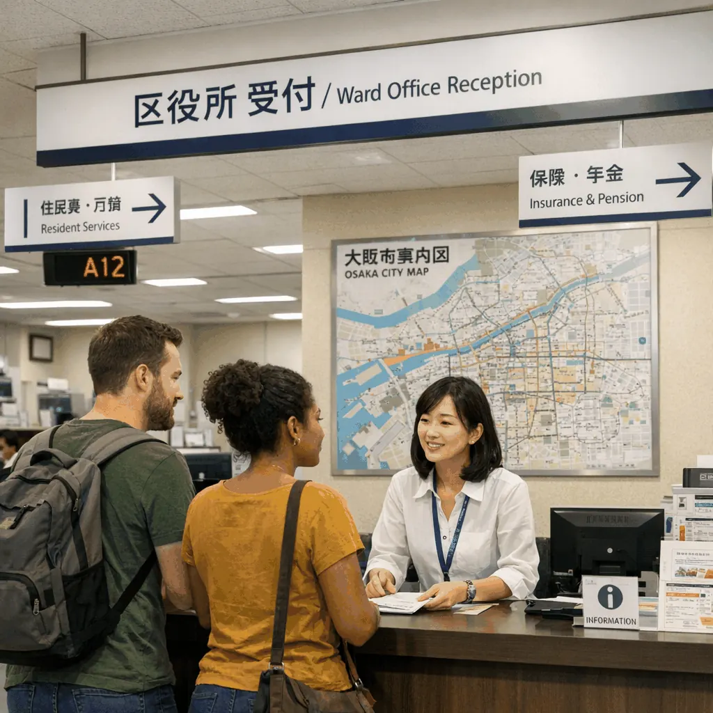 Exterior of a ward office building in Osaka where foreigners register residency