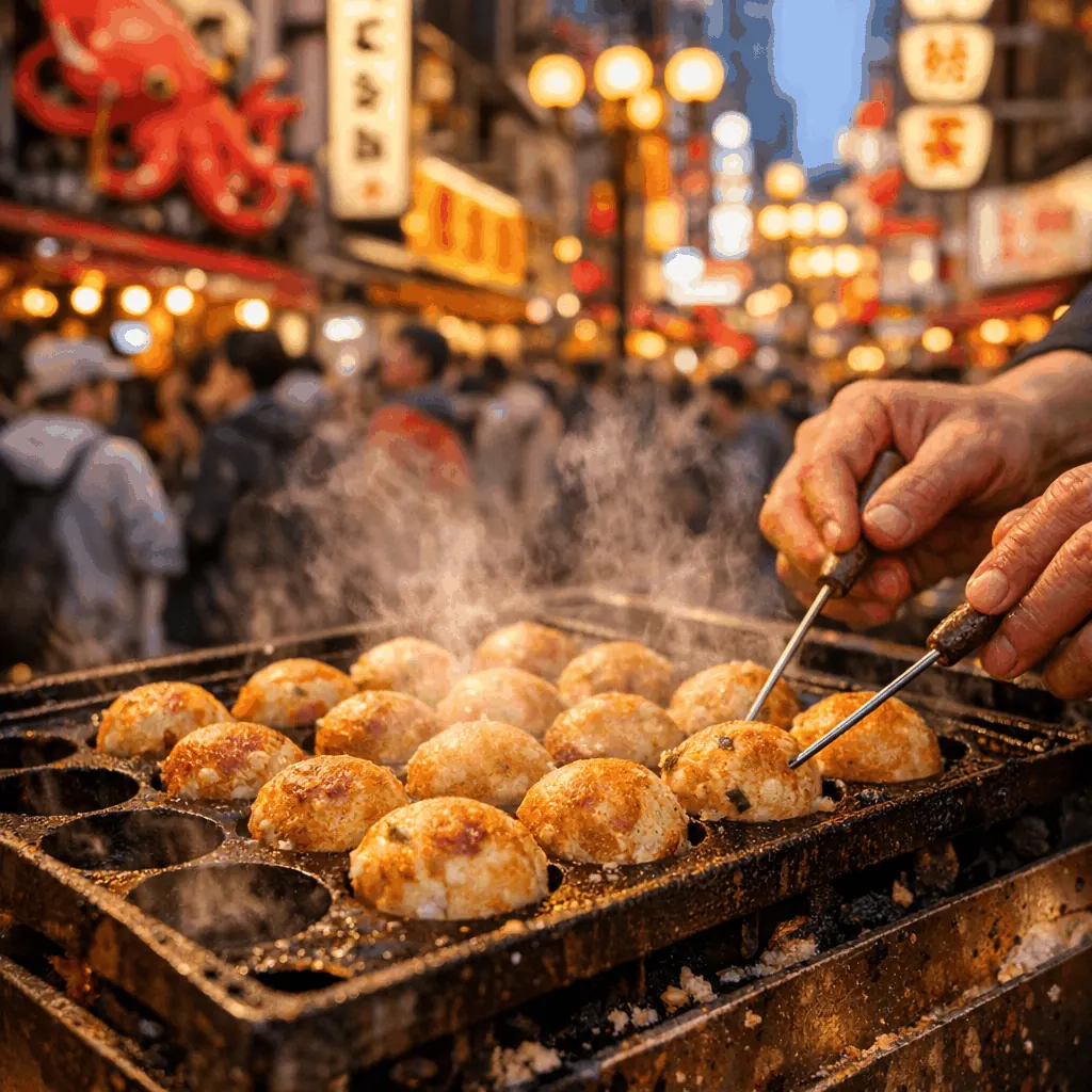 Street takoyaki stall in Dotonbori with neon signs and a cook flipping balls on a hot plate