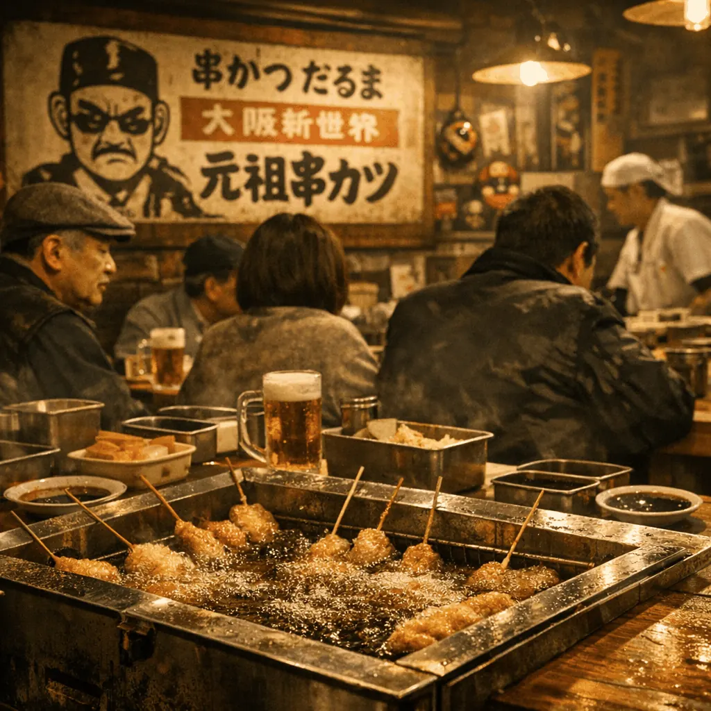 Interior of a kushikatsu restaurant in Shinsekai showing skewers and shared sauce rules