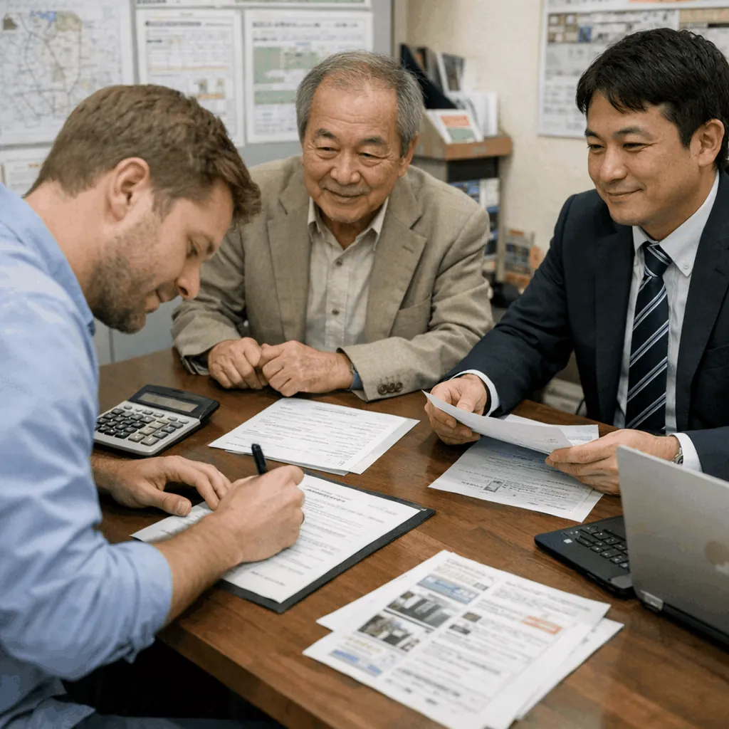 Compact Tokyo apartment interior showing kitchen, living area, and balcony