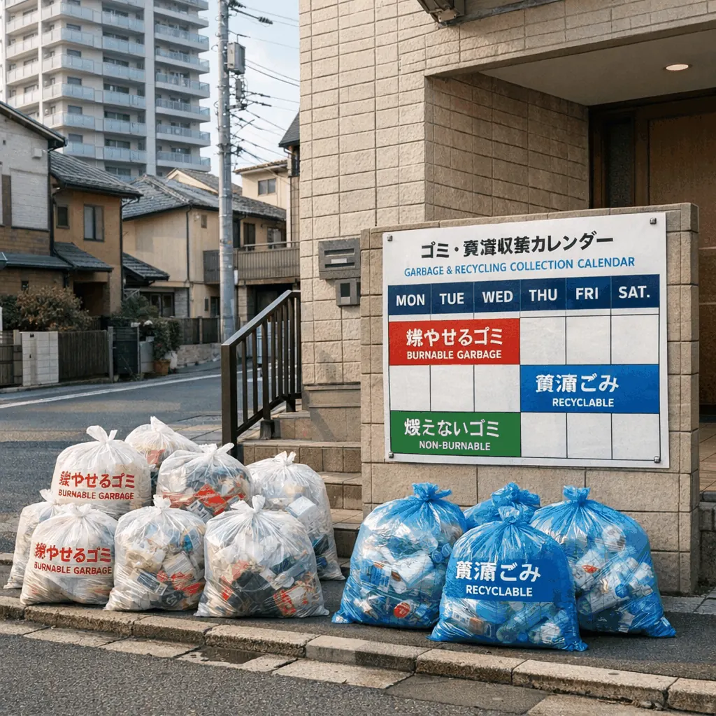 Residential trash sorting bins and labeled bags in a Tokyo neighborhood