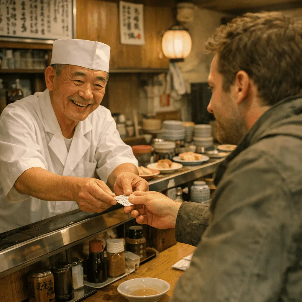 Chef preparing nigiri at a sushi counter in Tokyo