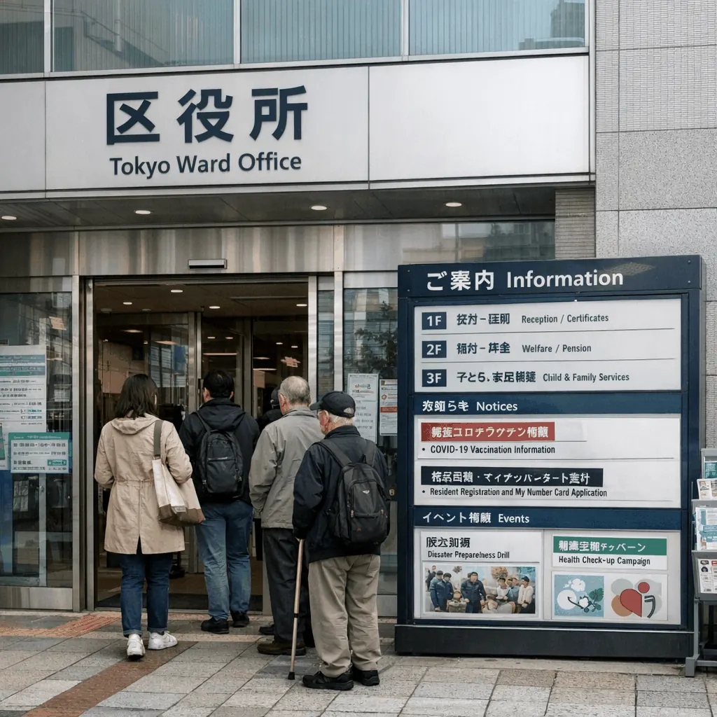 Exterior of a Tokyo ward office entrance with Japanese signage