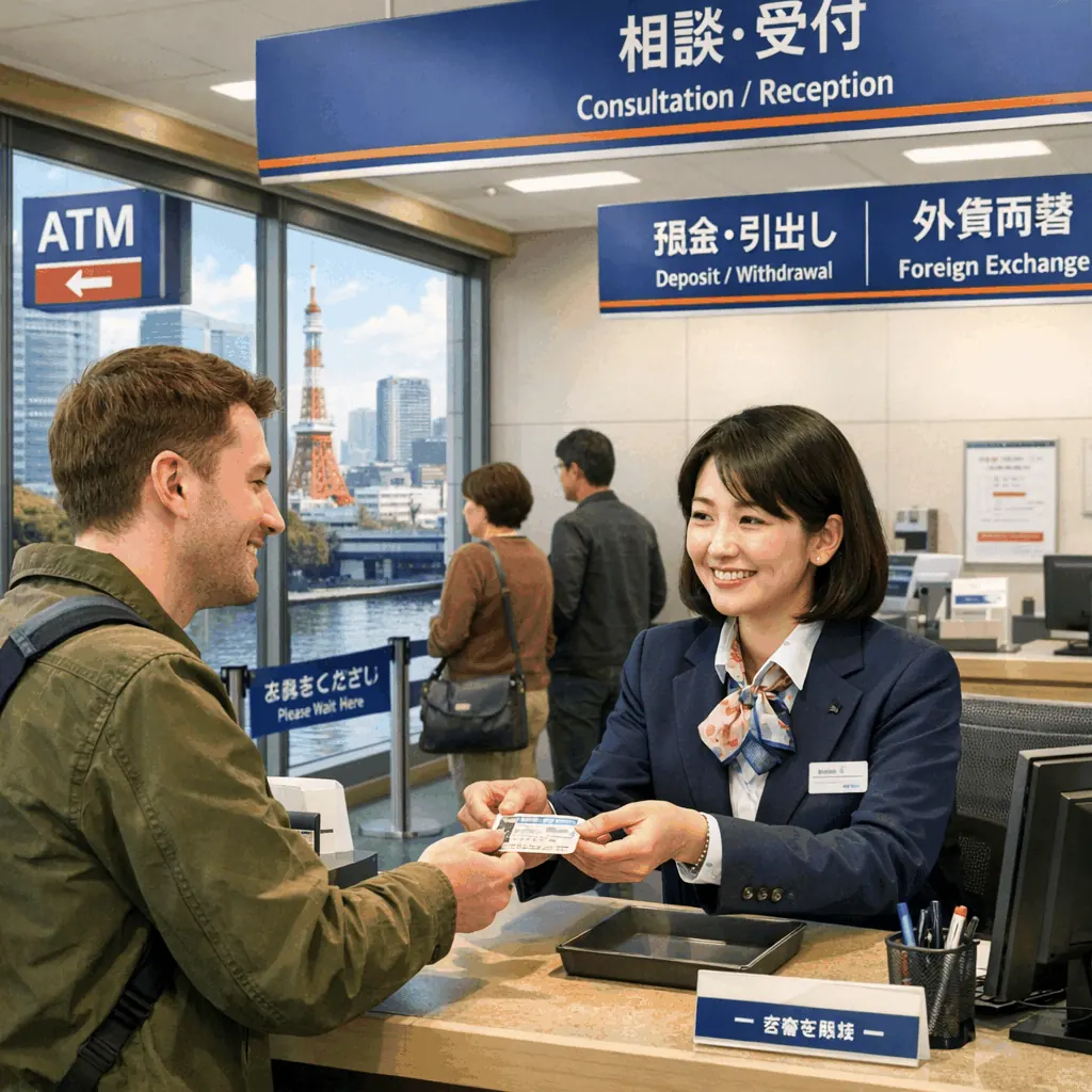 Exterior of a Tokyo bank district with signage and people entering a branch