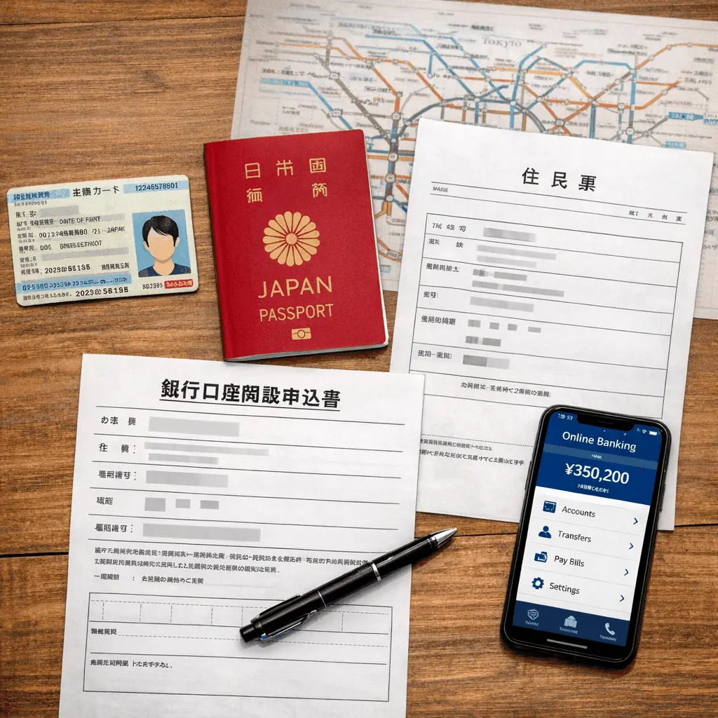 Close-up of a Japan Post Bank sign and ATM inside a Tokyo post office