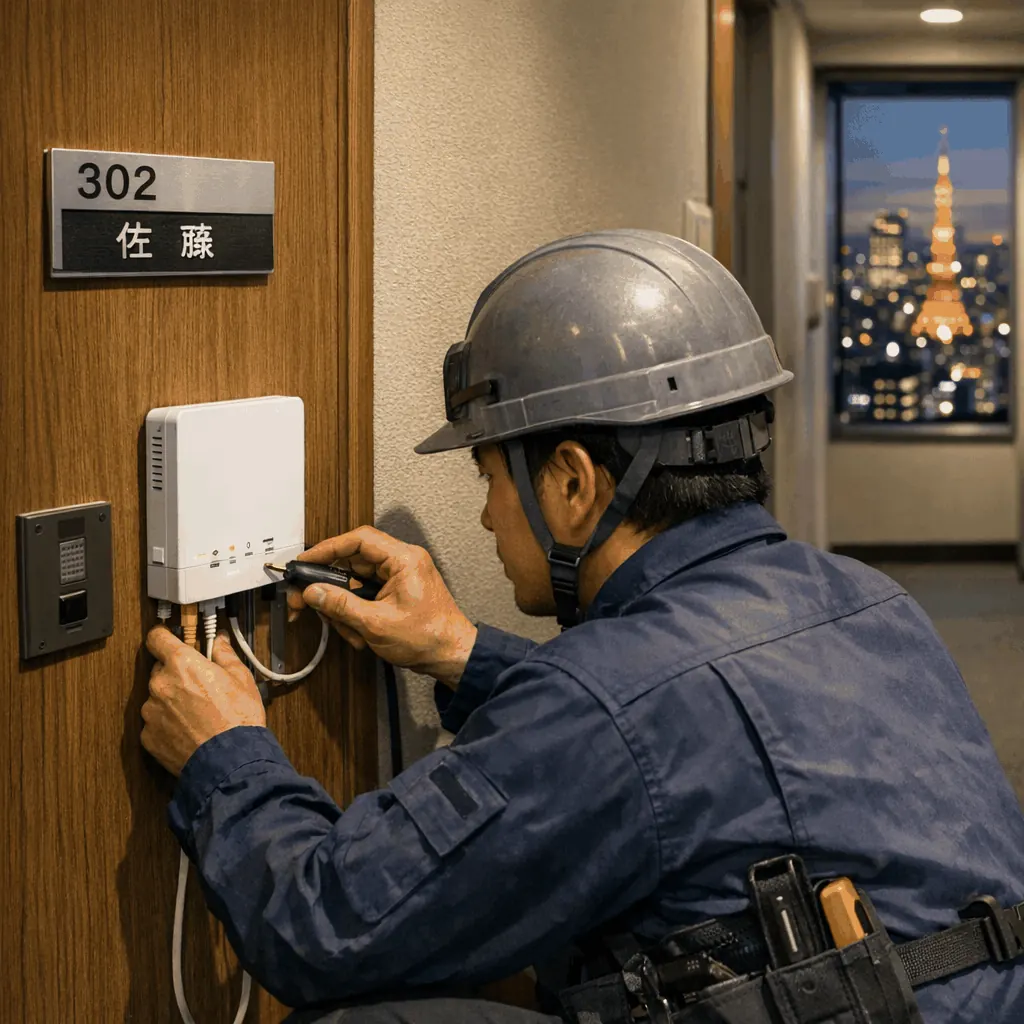 Street view of a Tokyo apartment building with fiber installation infrastructure