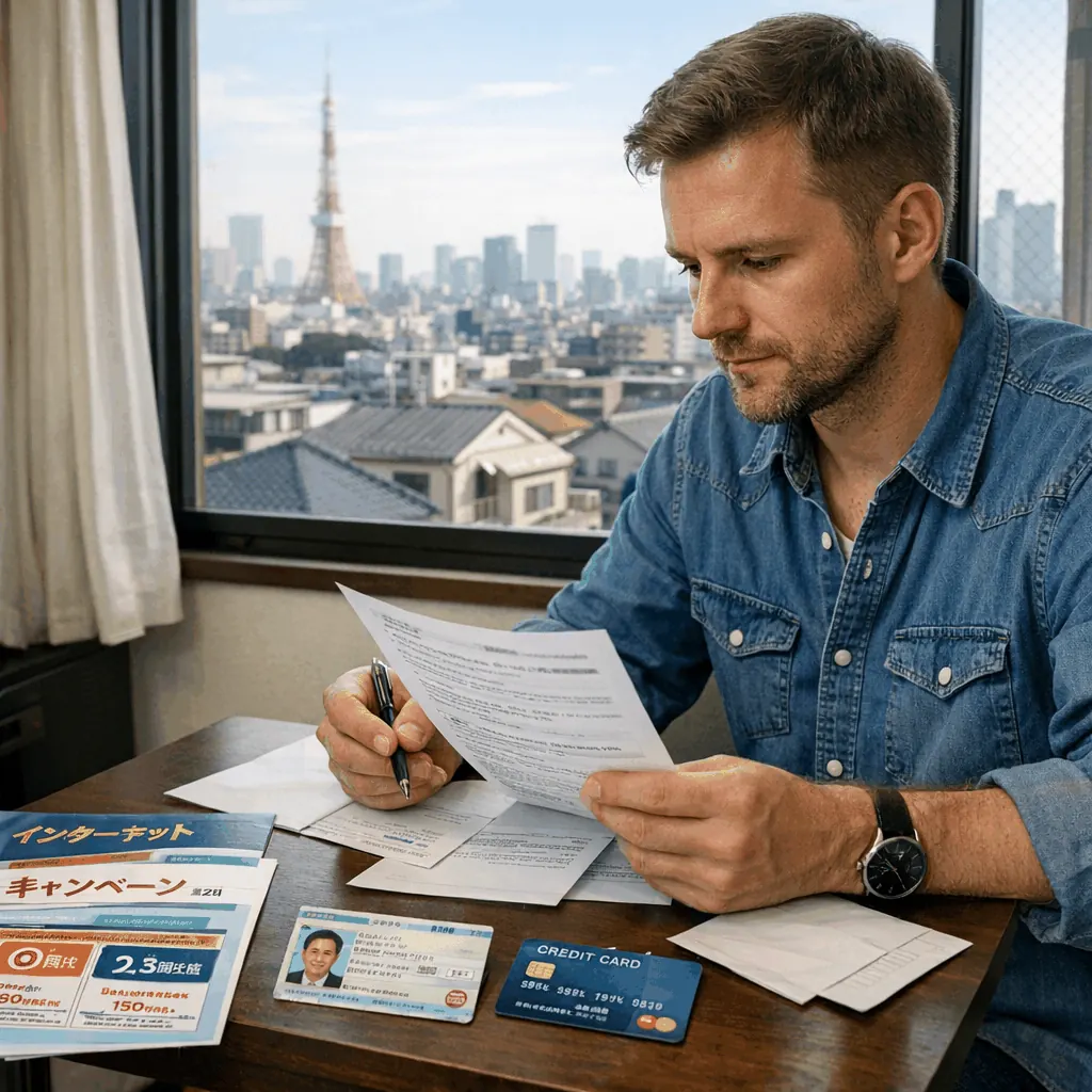 Technician installing an optical network terminal (ONT) inside a Tokyo apartment