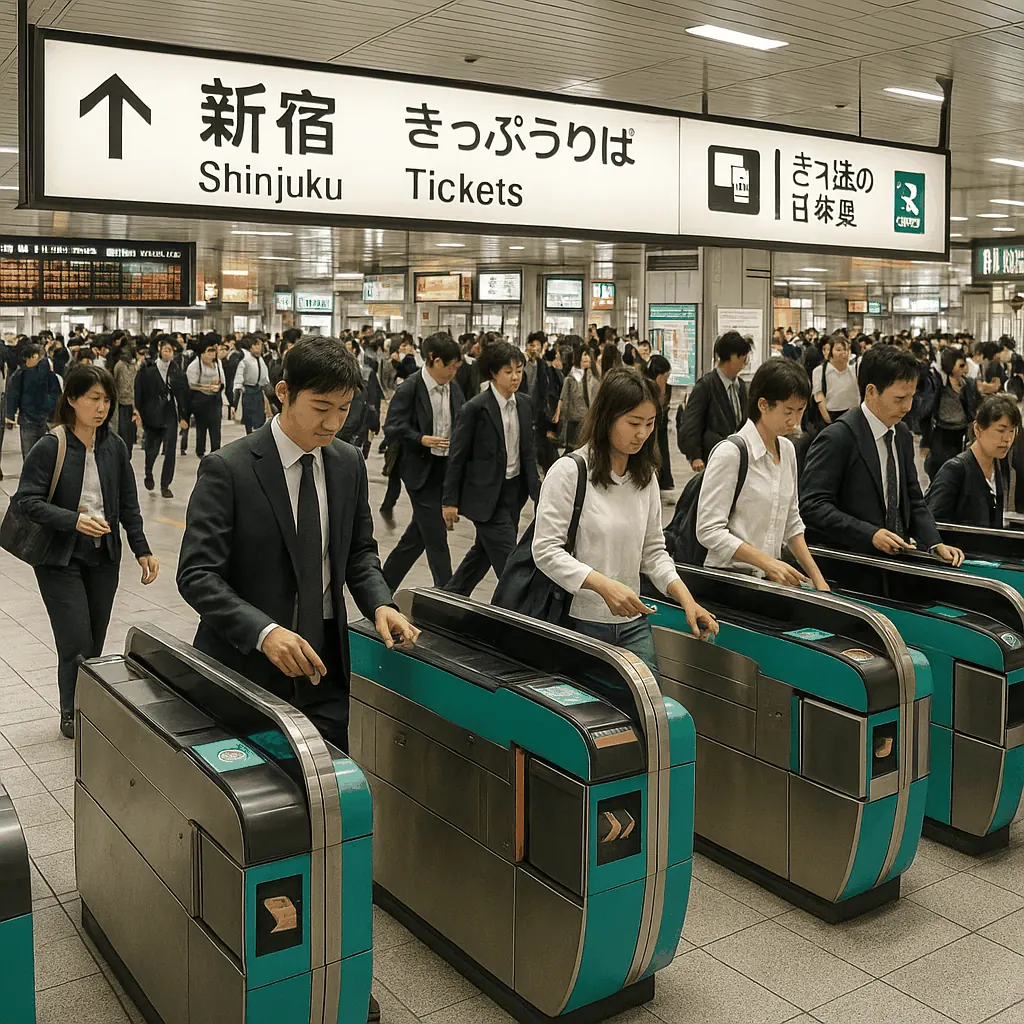 Fare gates and signage at Tokyo Station showing multiple operator lines