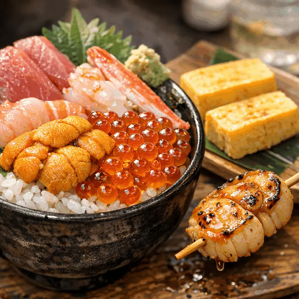 Visitor eating kaisendon at a small sushi counter inside Tsukiji Outer Market