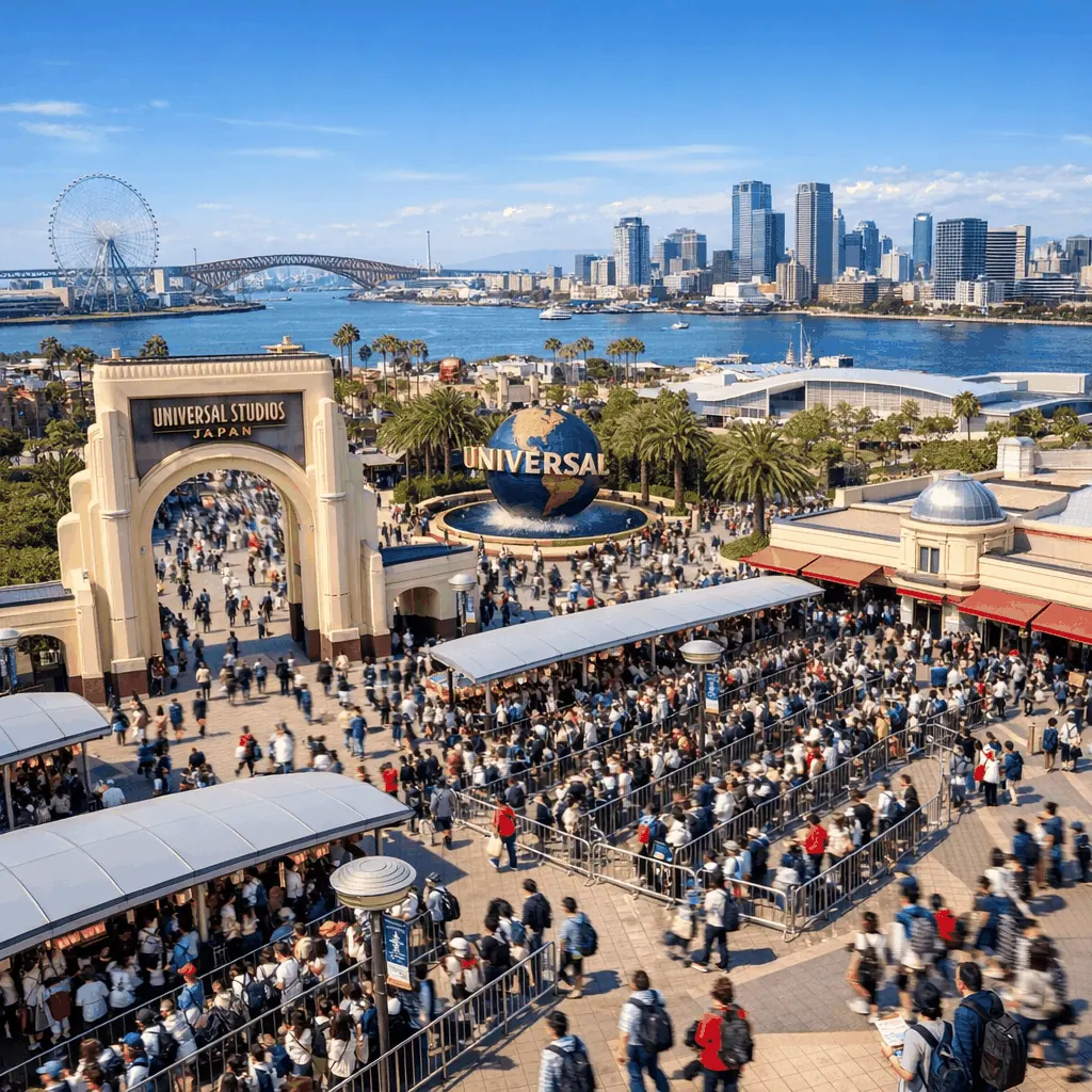 Entrance walkway to Universal Studios Japan with crowds near Universal-City Station