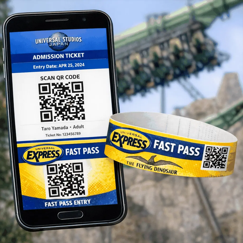 Guests queuing at a USJ attraction with signage for timed-entry and Express Pass