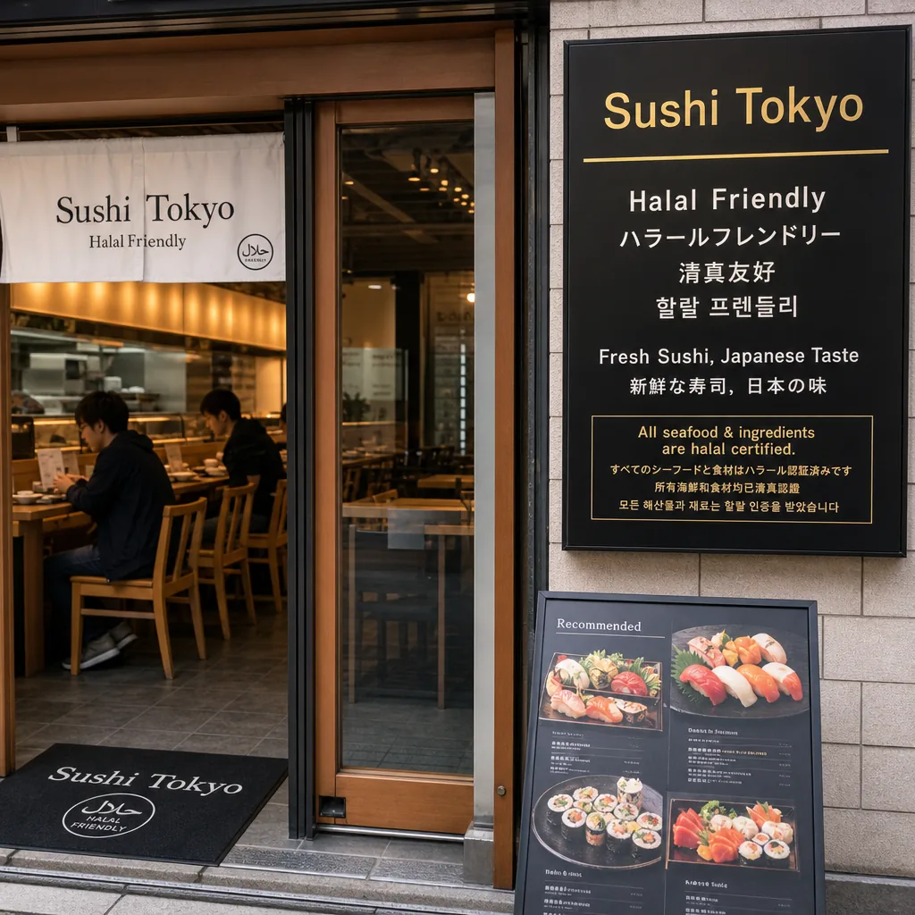 Halal-friendly sushi served in a Tokyo restaurant with clearly labeled Muslim-friendly information