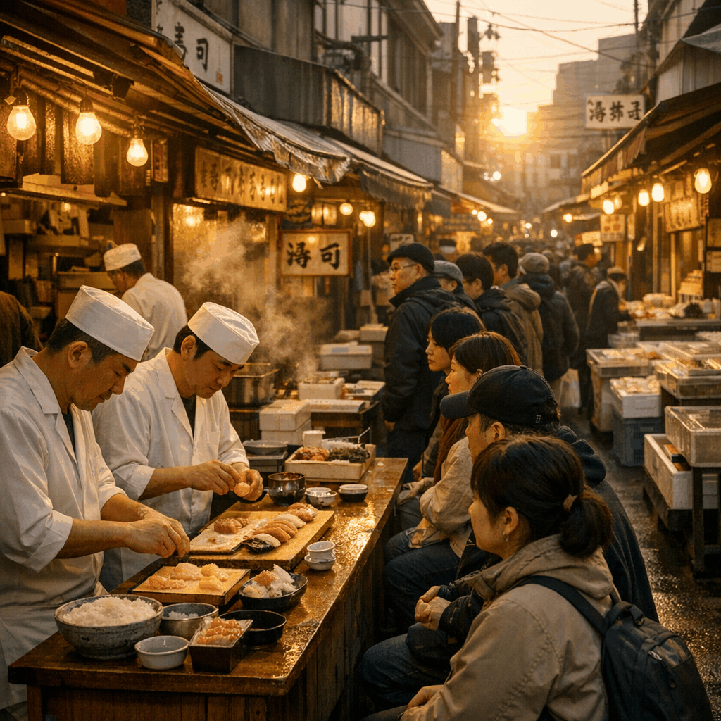 Tsukiji Outer Market early morning lanes with food stalls and shoppers