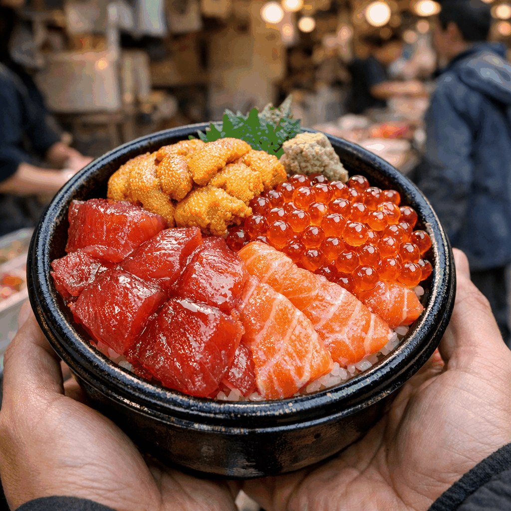 Fresh kaisendon bowl and sushi counters at Tsukiji Outer Market
