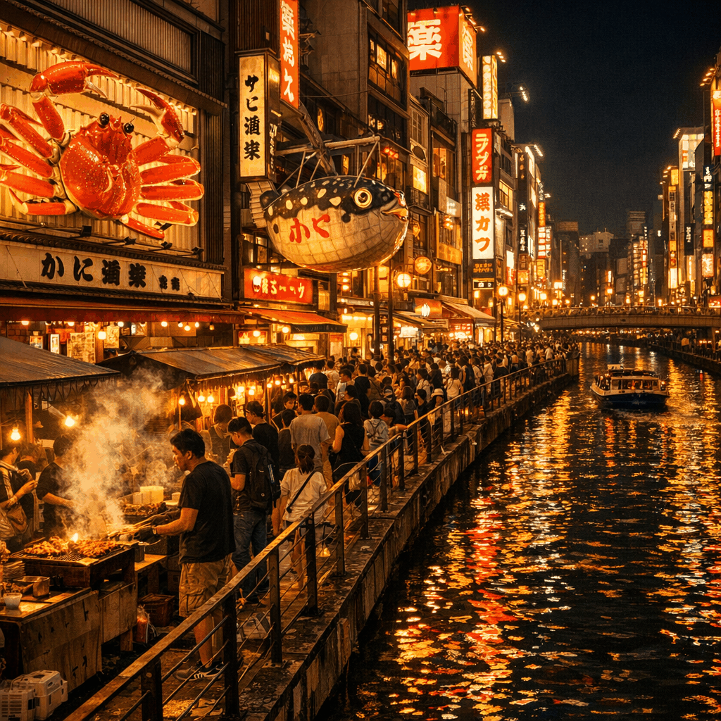 Dotonbori canal at night with neon signs and crowds