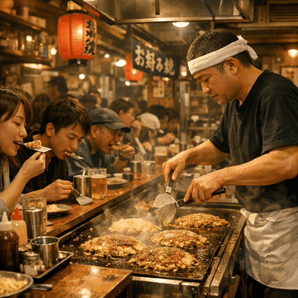Street food stall in Dotonbori serving takoyaki and okonomiyaki