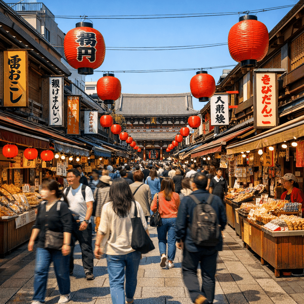Kaminarimon gate and Nakamise-dori approach with lantern