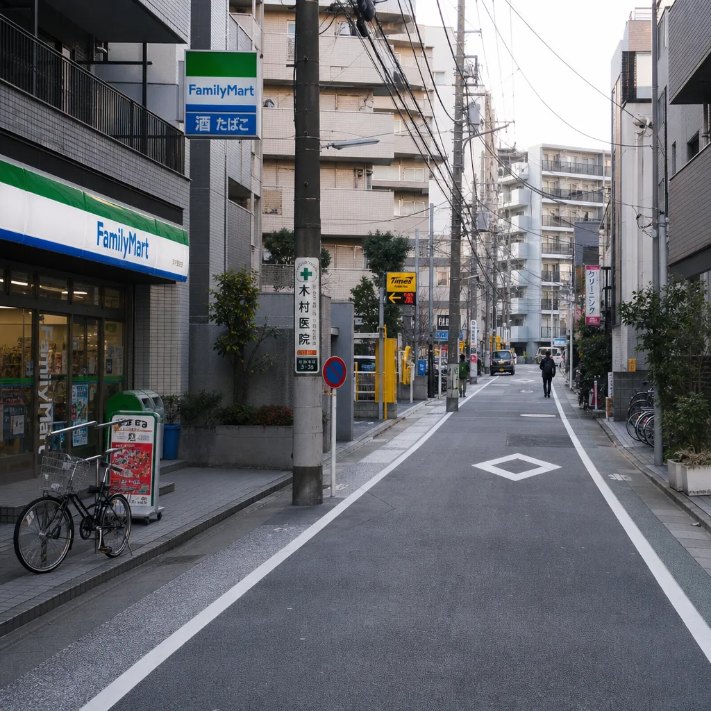 Tokyo apartment street scene near a major train station