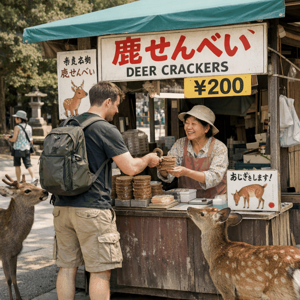 A visitor holding shika senbei to feed a sika deer in Nara Park near Todai-ji