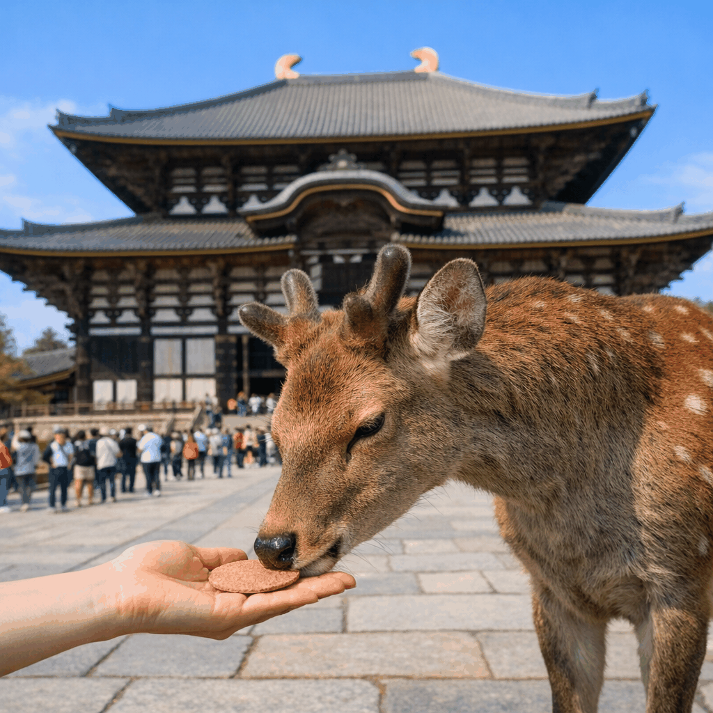Deer and visitors on the path toward Kasuga Taisha with a stall selling crackers visible