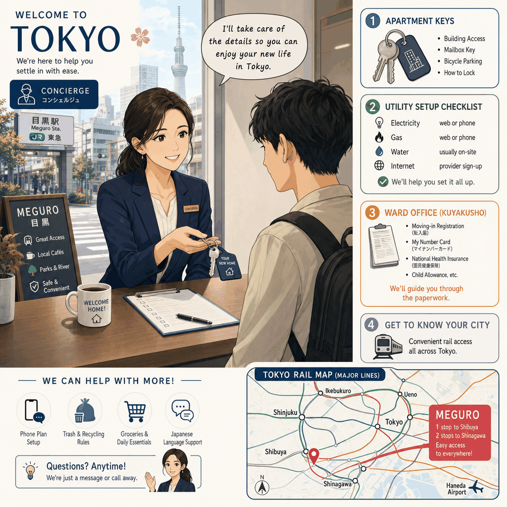 A Tokyo ward office scene showing official settlement paperwork support