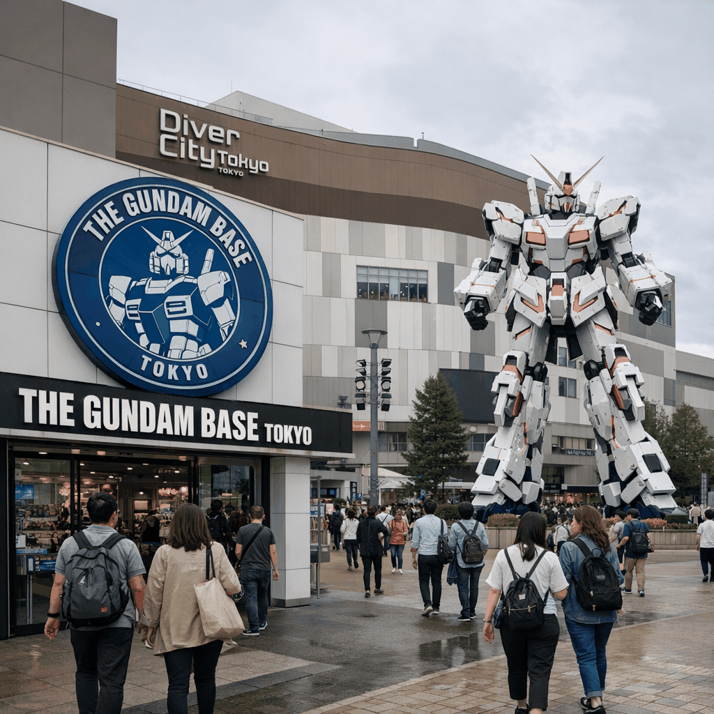 Exterior view of DiverCity Tokyo Plaza with Gundam Base Tokyo signage and the Unicorn Gundam