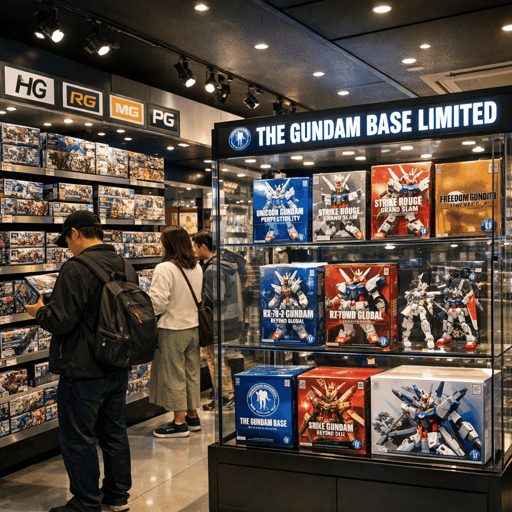 Shelves of Gunpla kits and a display case showing Gundam Base Limited special-color models inside