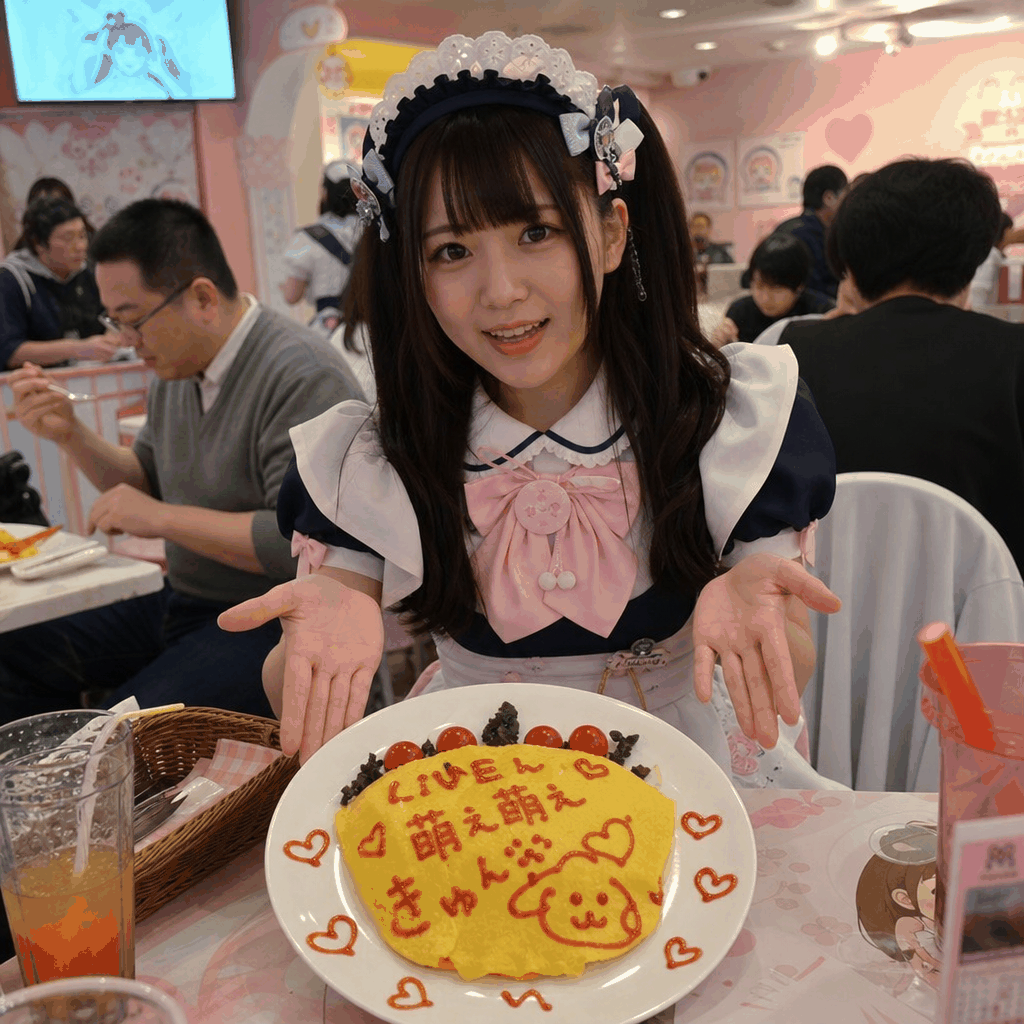 A Tokyo maid cafe interior in Akihabara with themed décor and staff interaction