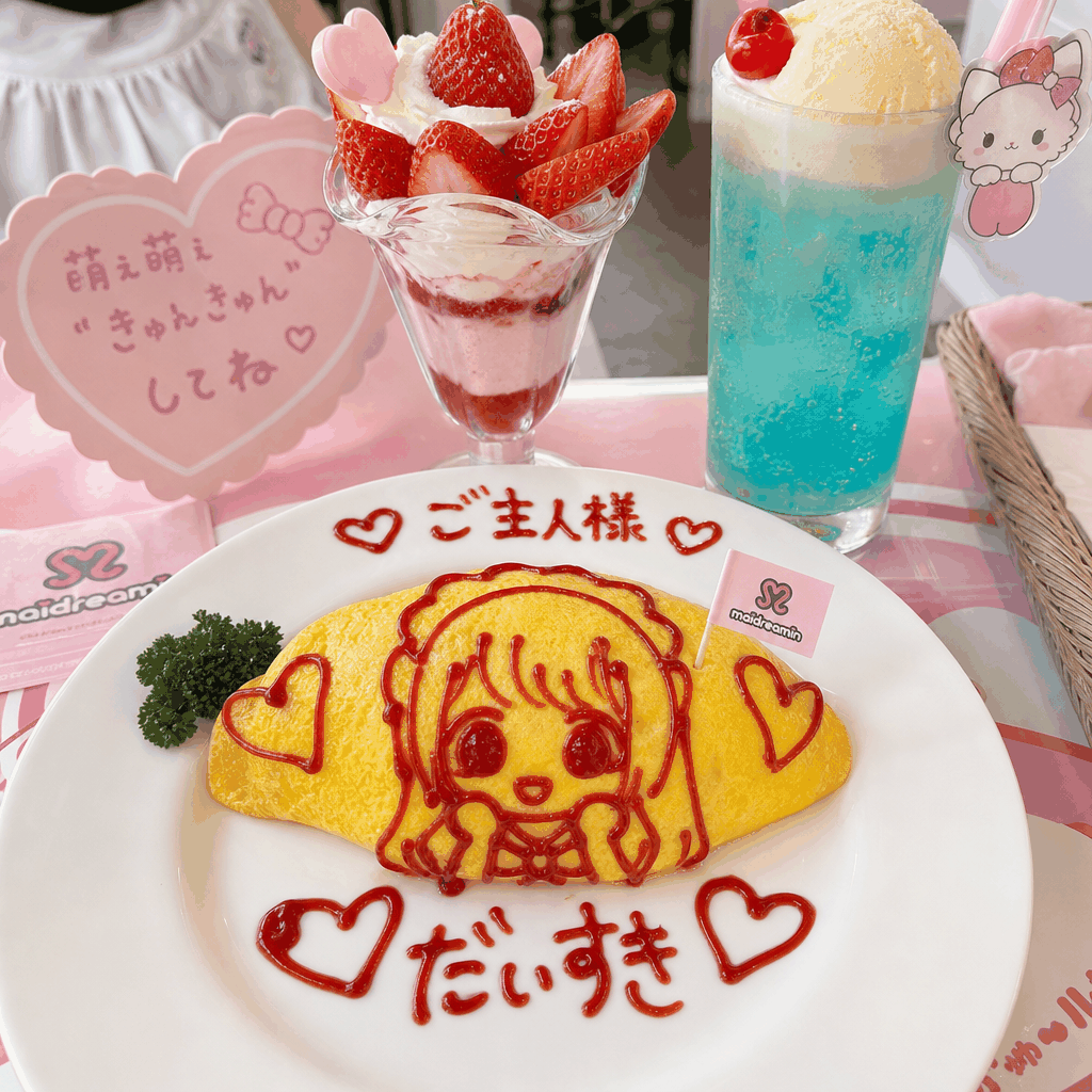A cute omurice or dessert plate commonly served at a Tokyo maid cafe